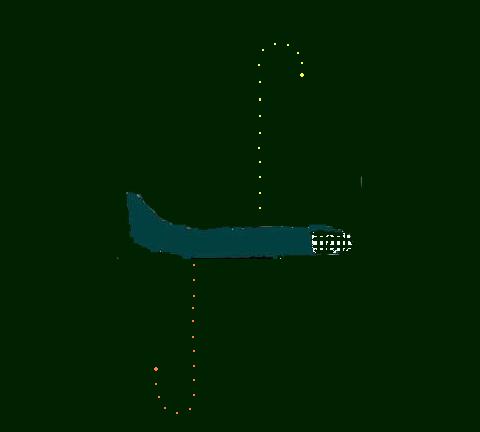 Deardorff’s diagram of a dark aircraft-like shape with two curved paths marked by colored points
